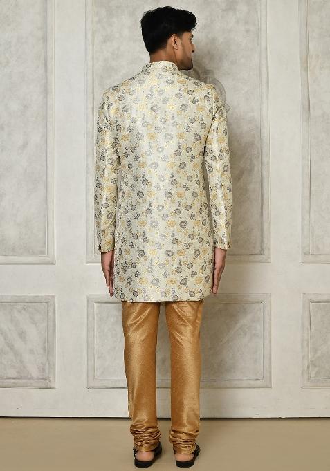 Grey Embroidered Brocade Indo Western Sherwani Set For Men