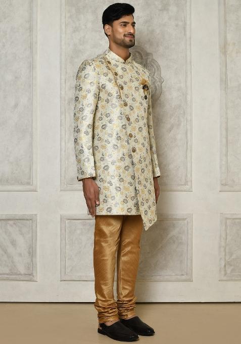 Grey Embroidered Brocade Indo Western Sherwani Set For Men