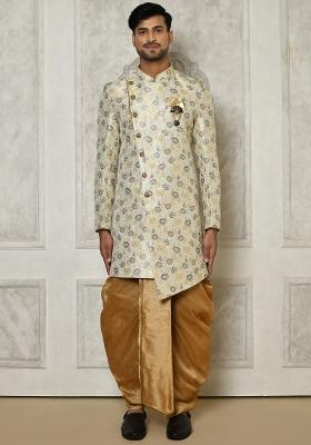 Grey Embroidered Brocade Indo Western Sherwani Set For Men