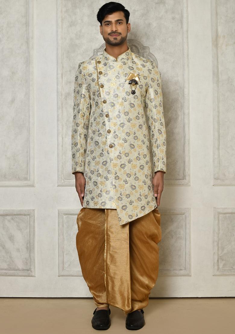 Grey Embroidered Brocade Indo Western Sherwani Set For Men