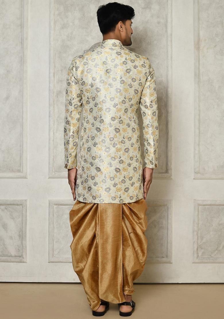 Grey Embroidered Brocade Indo Western Sherwani Set For Men