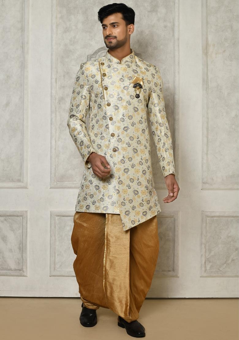 Grey Embroidered Brocade Indo Western Sherwani Set For Men
