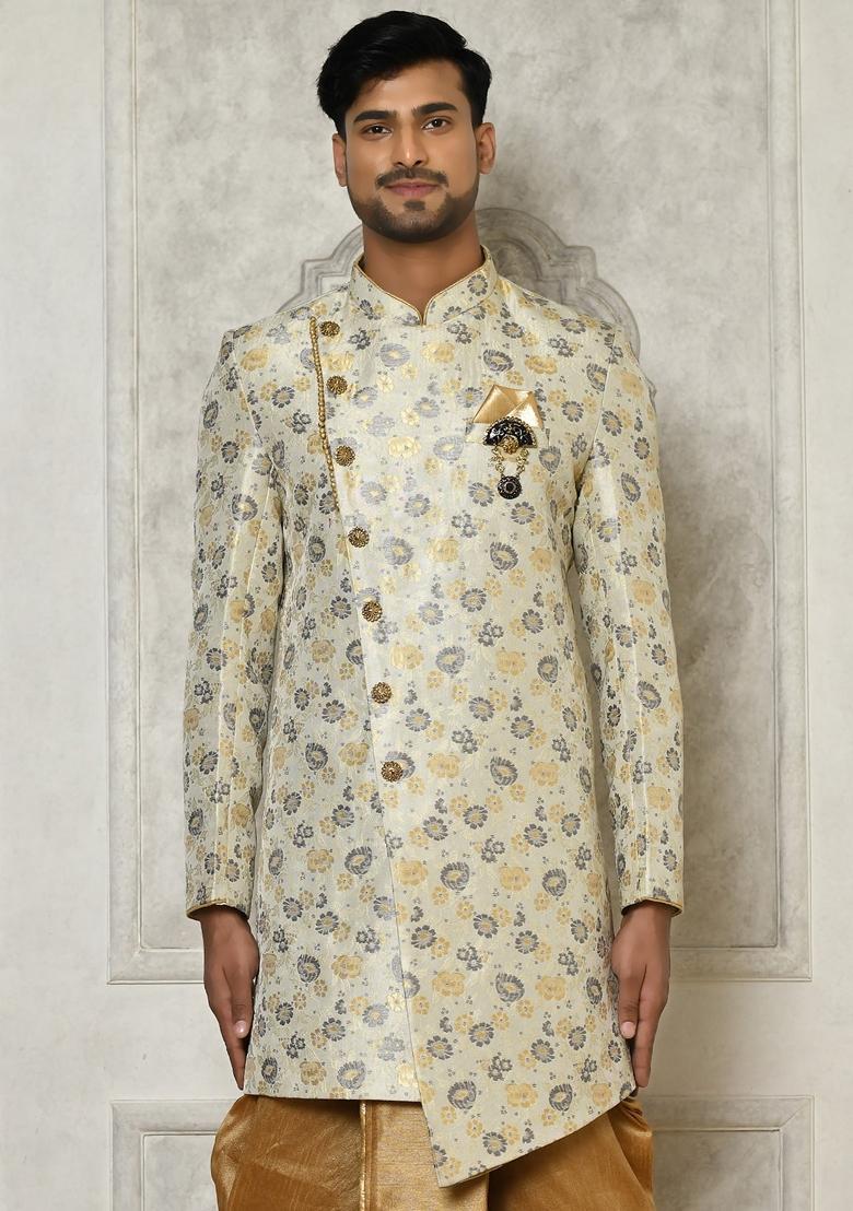 Grey Embroidered Brocade Indo Western Sherwani Set For Men