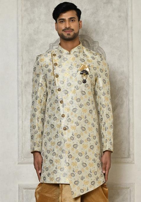 Grey Embroidered Brocade Indo Western Sherwani Set For Men
