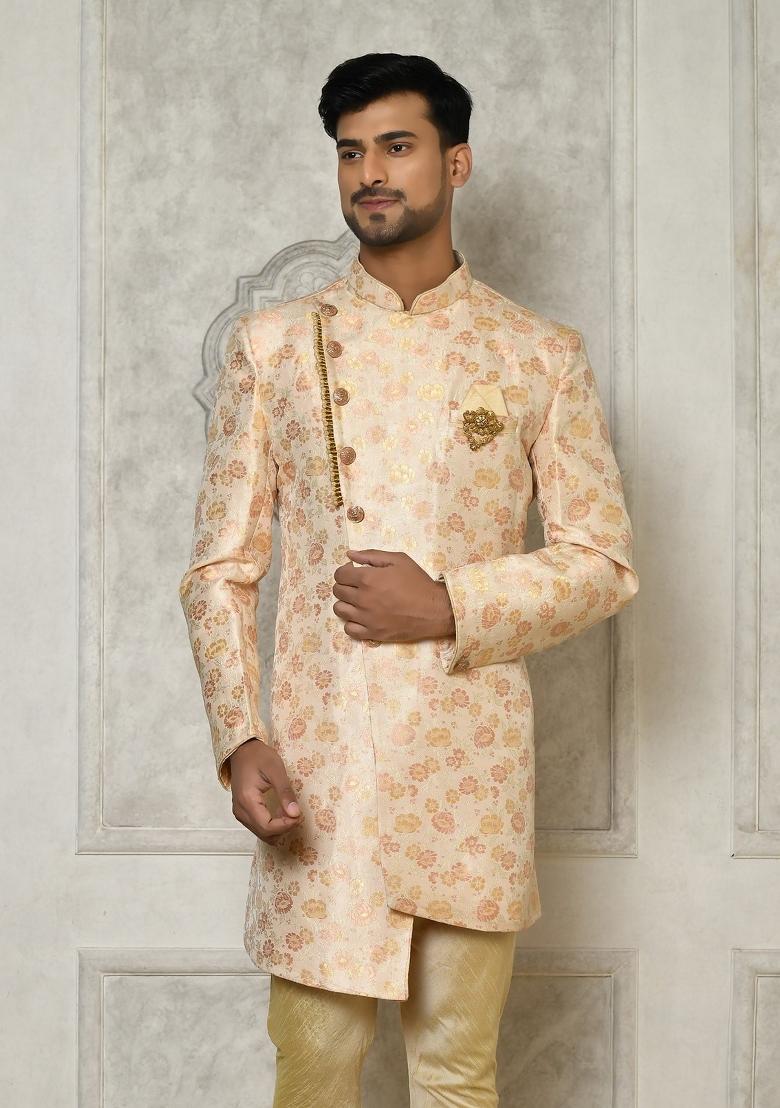 Peach Embroidered Brocade Indo Western Sherwani For Men