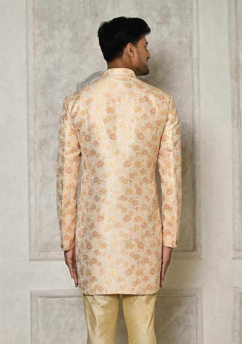 Peach Embroidered Brocade Indo Western Sherwani For Men