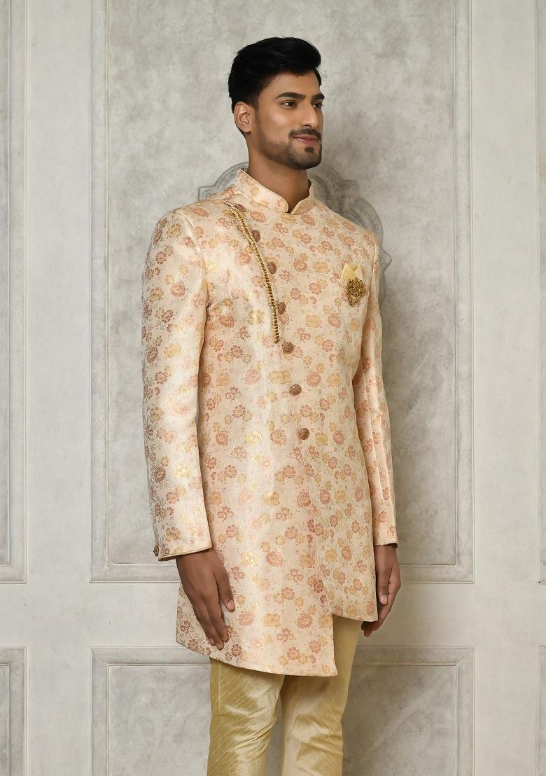 Peach Embroidered Brocade Indo Western Sherwani For Men