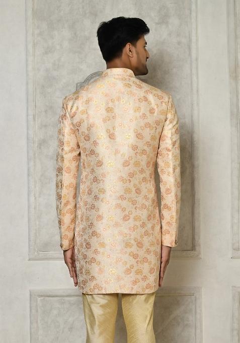 Peach Embroidered Brocade Indo Western Sherwani For Men