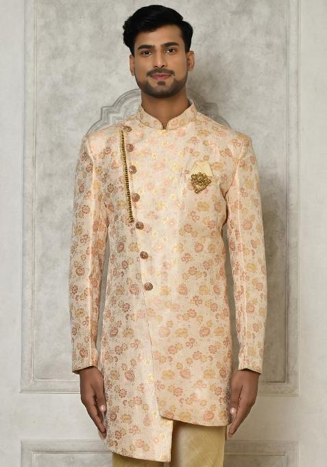 Peach Embroidered Brocade Indo Western Sherwani For Men