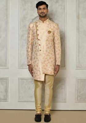 Peach Embroidered Brocade Indo Western Sherwani Set For Men