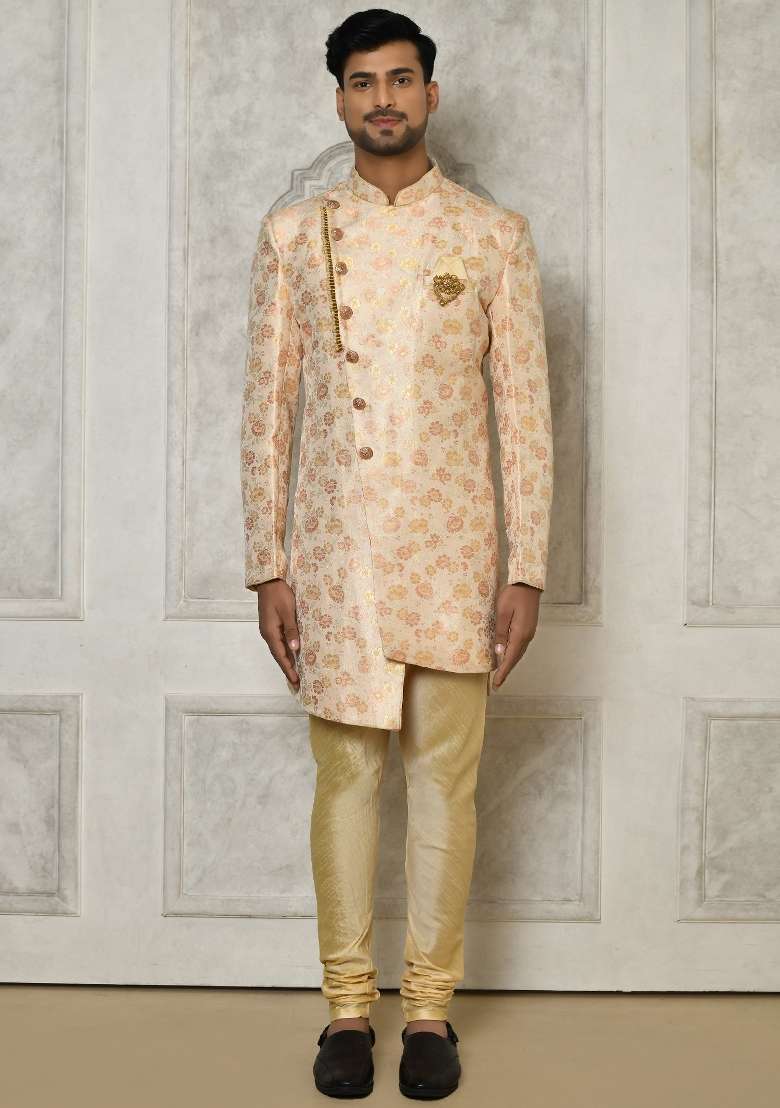 Peach Embroidered Brocade Indo Western Sherwani Set For Men - Indya