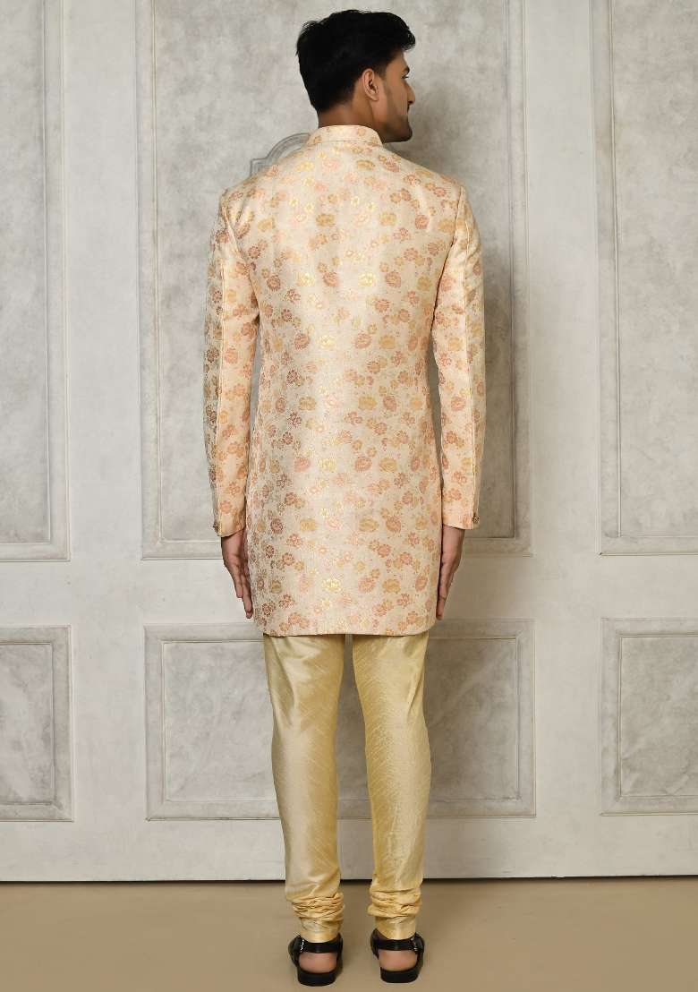 Peach Embroidered Brocade Indo Western Sherwani Set For Men - Indya
