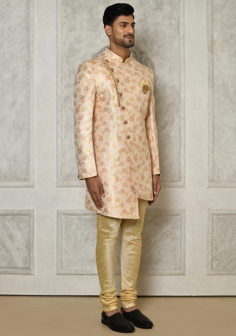 Peach Embroidered Brocade Indo Western Sherwani Set For Men