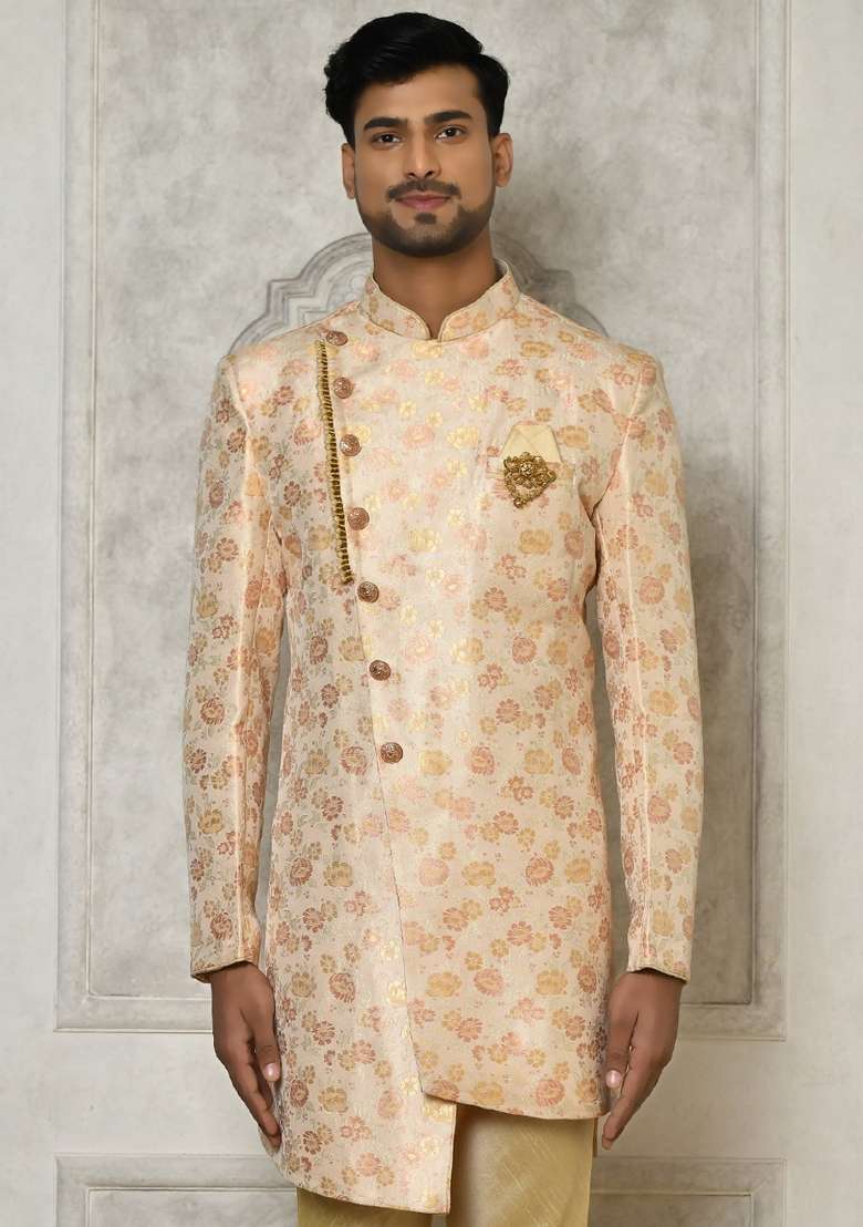 Peach Embroidered Brocade Indo Western Sherwani Set For Men - Indya