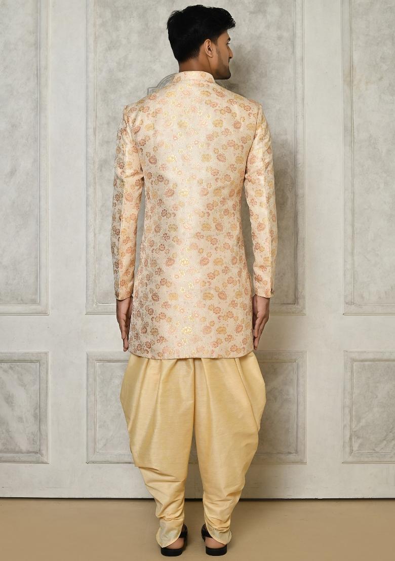 Peach Embroidered Brocade Indo Western Sherwani Set For Men