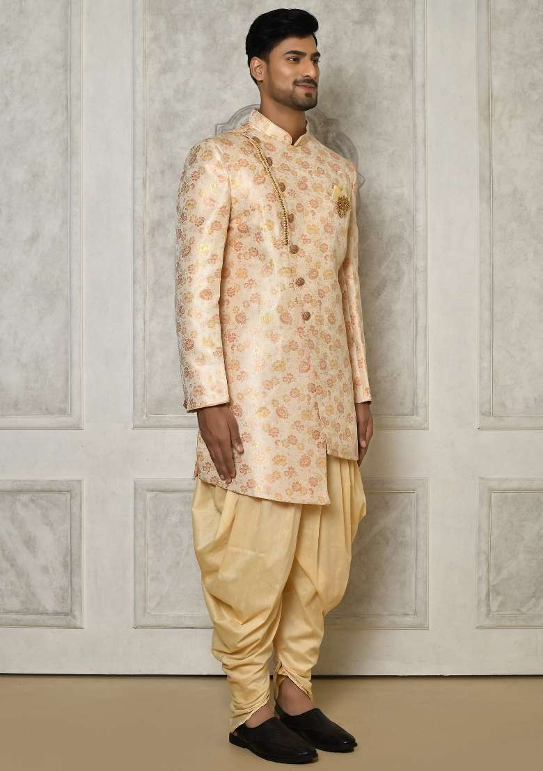 Peach Embroidered Brocade Indo Western Sherwani Set For Men - Indya