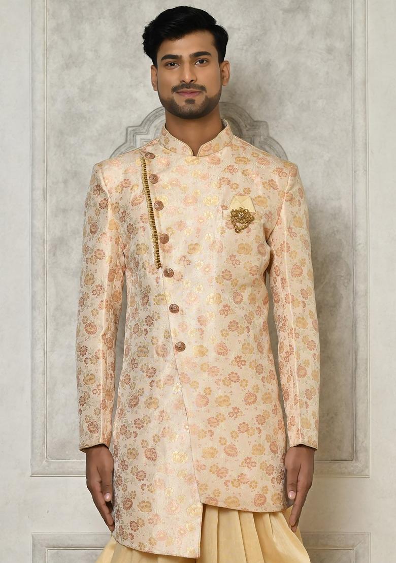 Peach Embroidered Brocade Indo Western Sherwani Set For Men