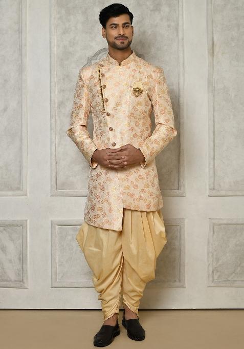 Peach Embroidered Brocade Indo Western Sherwani Set For Men — view on Indya