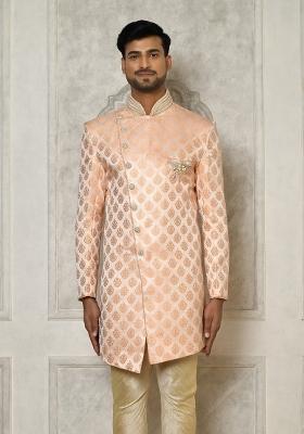 Peach Embroidered Jacquard Indo Western Sherwani For Men