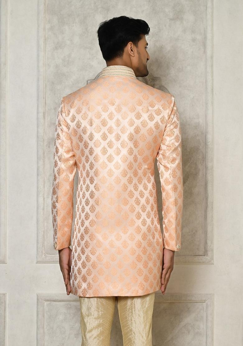 Peach Embroidered Jacquard Indo Western Sherwani For Men