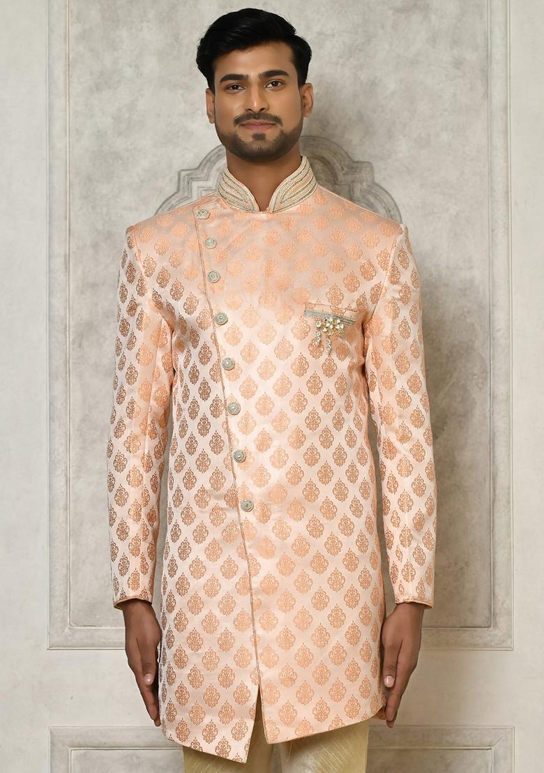 Peach Embroidered Jacquard Indo Western Sherwani For Men