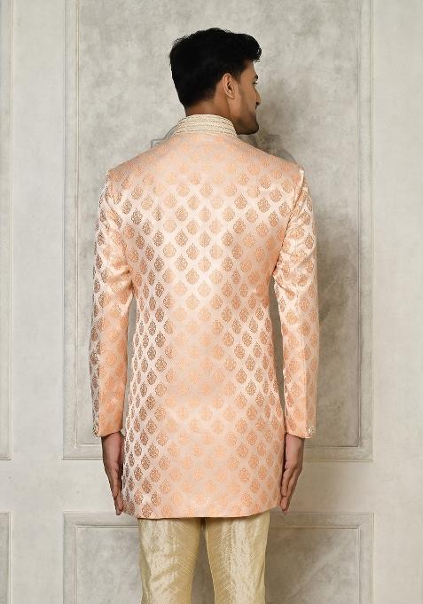 Peach Embroidered Jacquard Indo Western Sherwani For Men