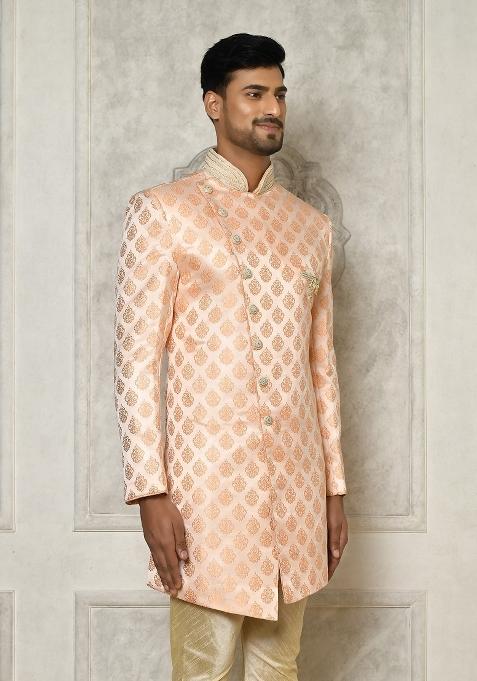 Peach Embroidered Jacquard Indo Western Sherwani For Men
