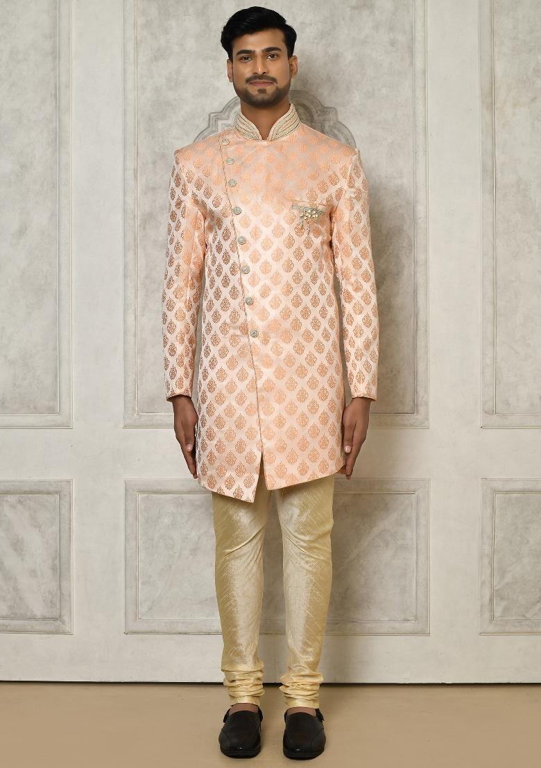 Peach Embroidered Jacquard Indo Western Sherwani Set For Men
