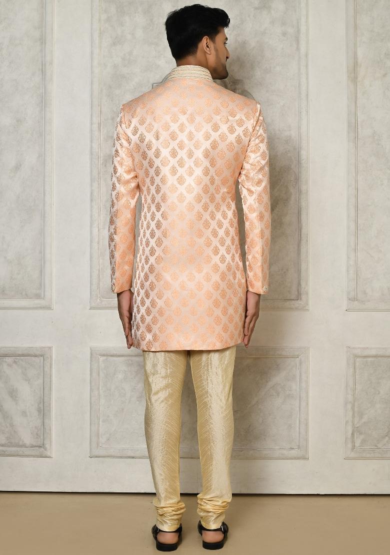 Peach Embroidered Jacquard Indo Western Sherwani Set For Men