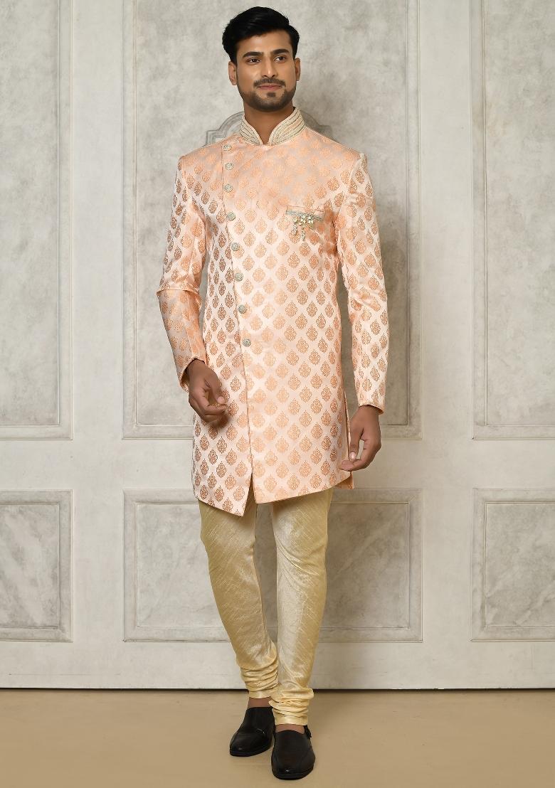 Peach Embroidered Jacquard Indo Western Sherwani Set For Men