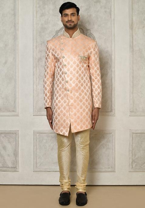 Peach Embroidered Jacquard Indo Western Sherwani Set For Men