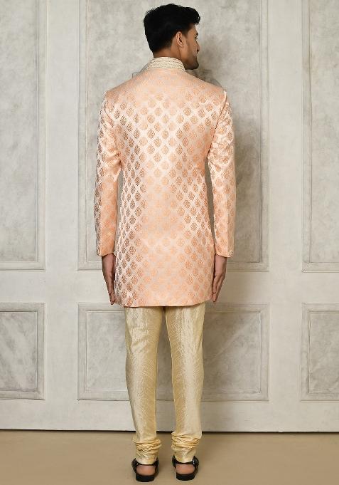 Peach Embroidered Jacquard Indo Western Sherwani Set For Men