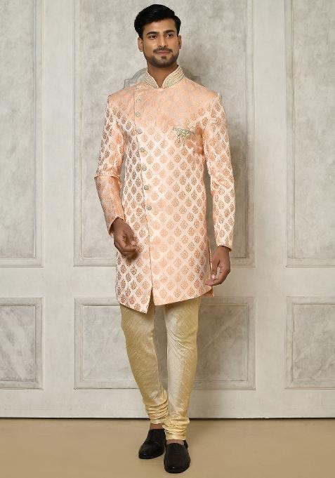 Peach Embroidered Jacquard Indo Western Sherwani Set For Men