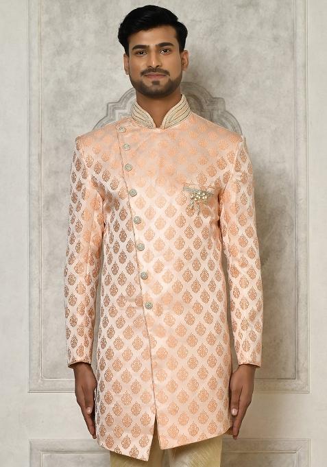 Peach Embroidered Jacquard Indo Western Sherwani Set For Men