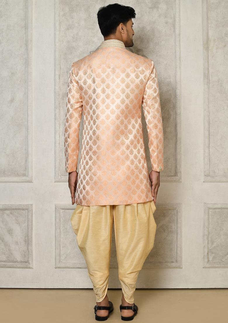 Peach Embroidered Jacquard Indo Western Sherwani Set For Men