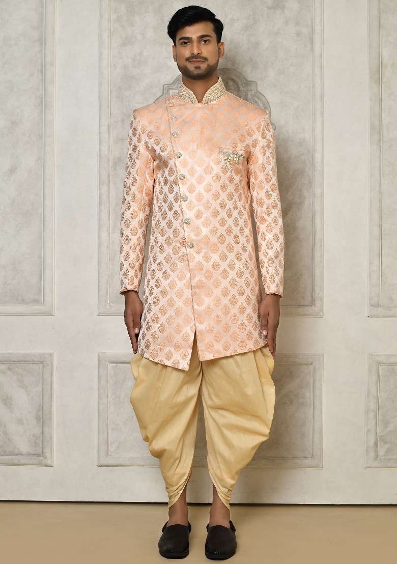 Peach Embroidered Jacquard Indo Western Sherwani Set For Men - Indya