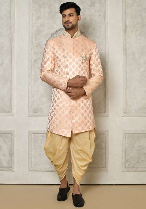Peach Embroidered Jacquard Indo Western Sherwani Set For Men