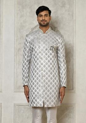 Grey Embroidered Jacquard Indo Western Sherwani For Men