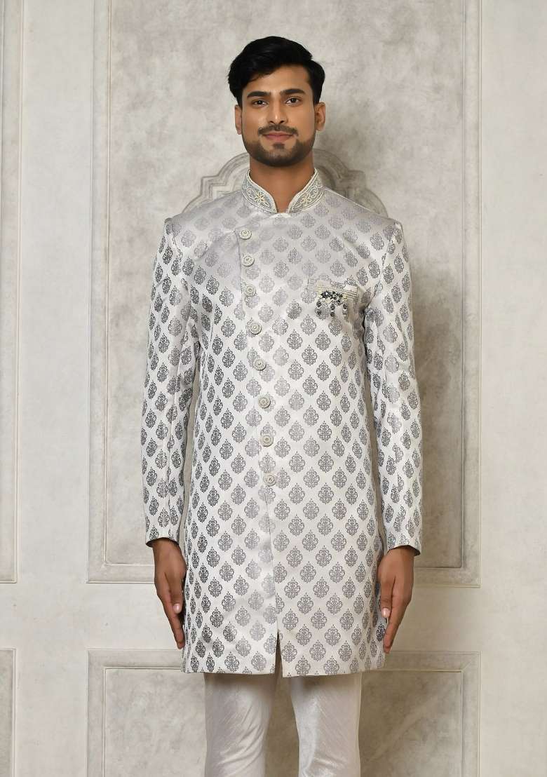 Grey Embroidered Jacquard Indo Western Sherwani For Men - Indya