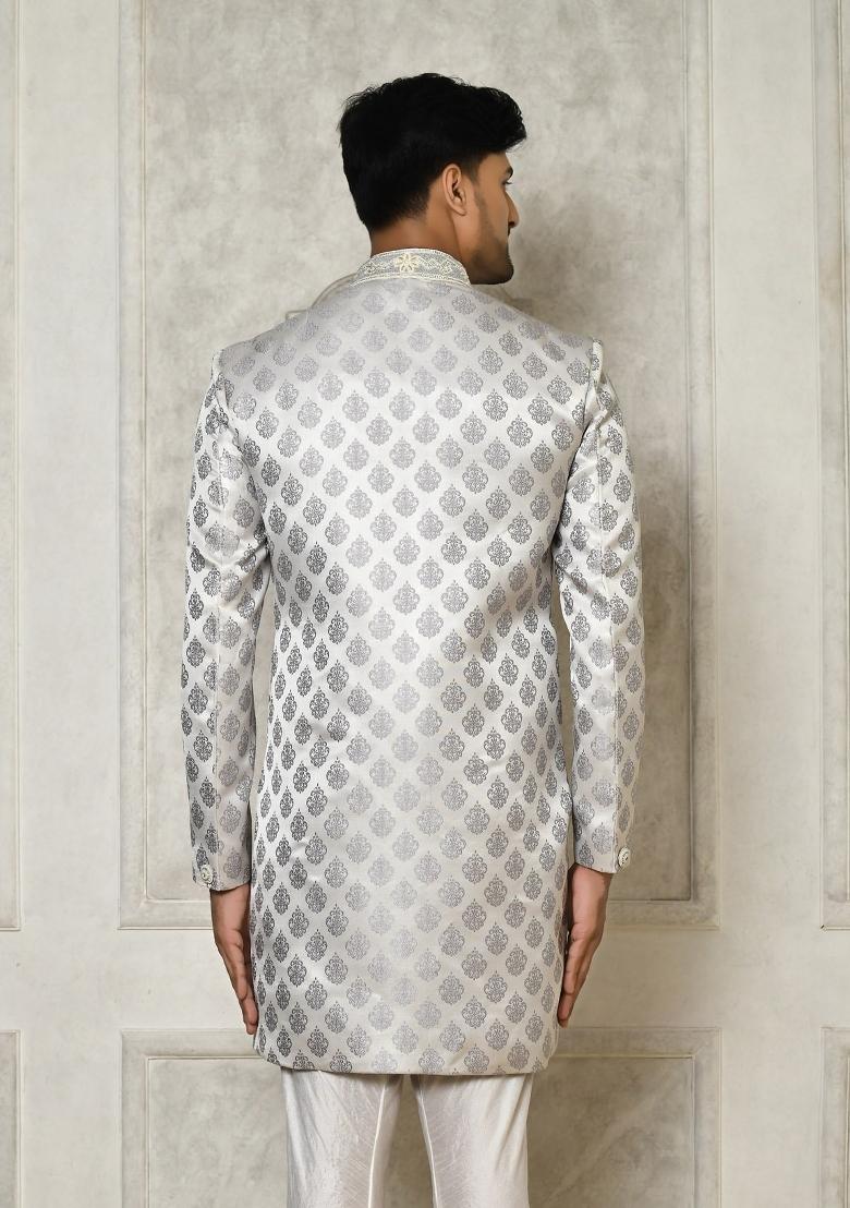 Grey Embroidered Jacquard Indo Western Sherwani For Men