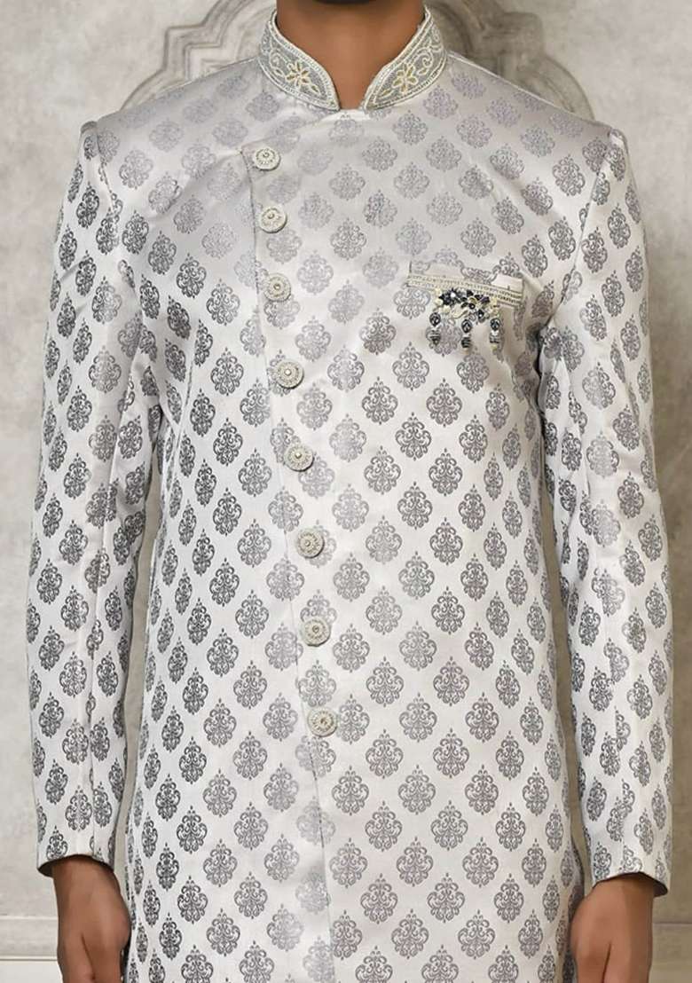 Grey Embroidered Jacquard Indo Western Sherwani For Men - Indya