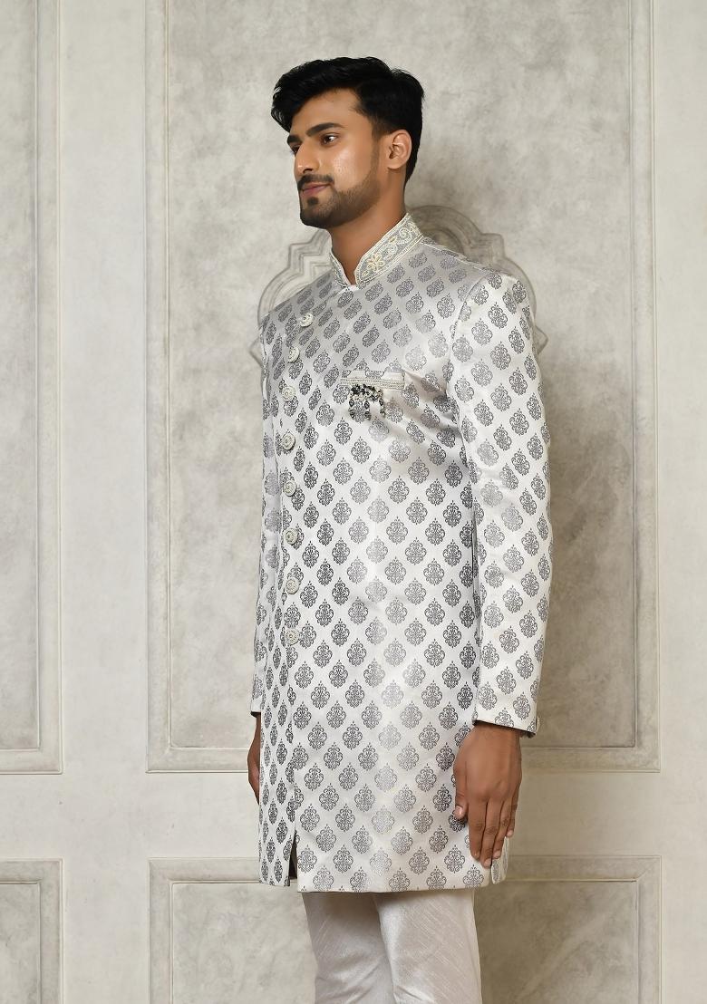 Grey Embroidered Jacquard Indo Western Sherwani For Men