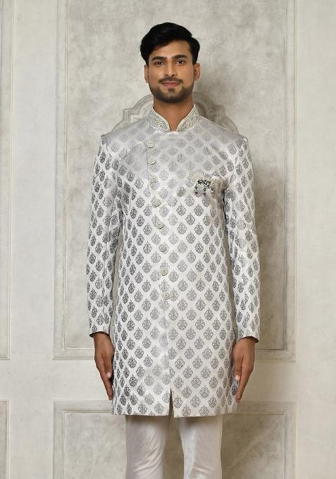 Grey Embroidered Jacquard Indo Western Sherwani For Men — view on Indya