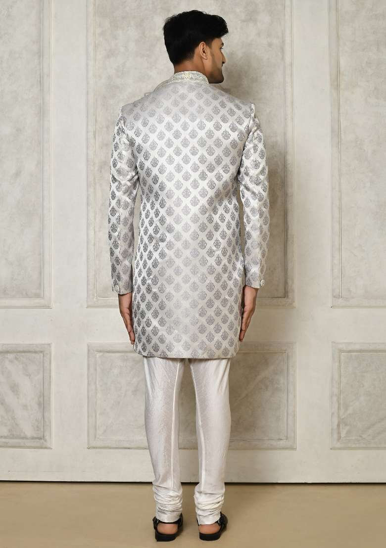 Grey Embroidered Jacquard Indo Western Sherwani Set For Men - Indya