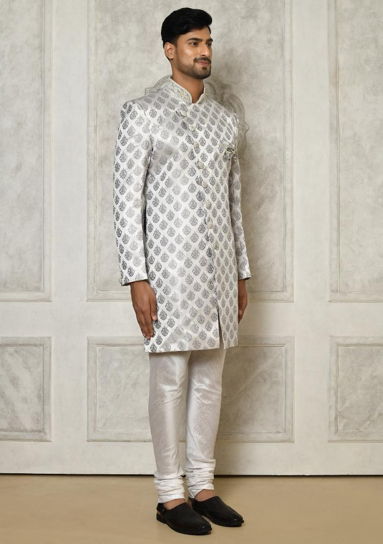 Grey Embroidered Jacquard Indo Western Sherwani Set For Men