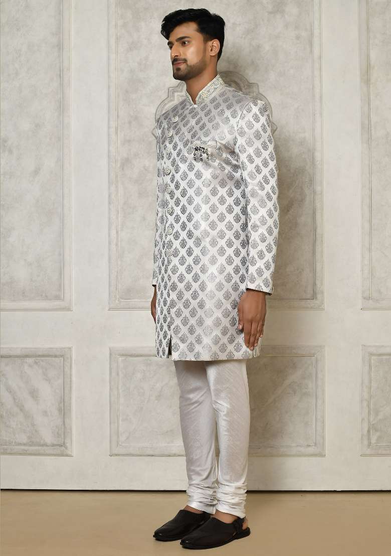 Grey Embroidered Jacquard Indo Western Sherwani Set For Men - Indya