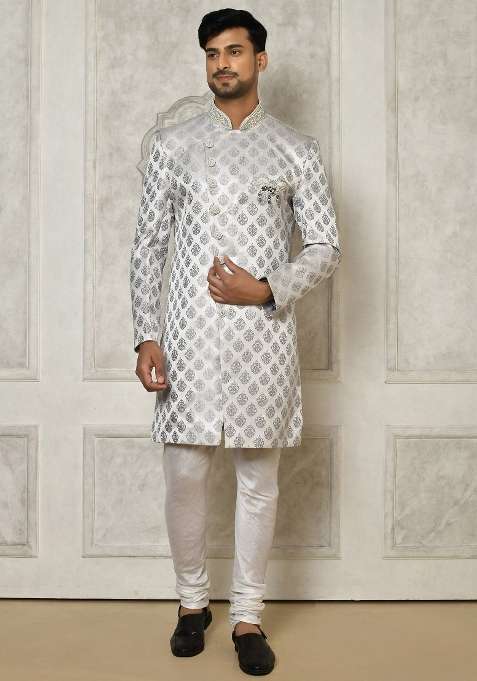 Grey Embroidered Jacquard Indo Western Sherwani Set For Men