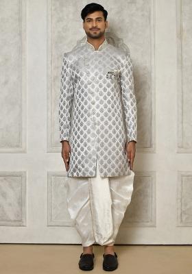Grey Embroidered Jacquard Indo Western Sherwani Set For Men