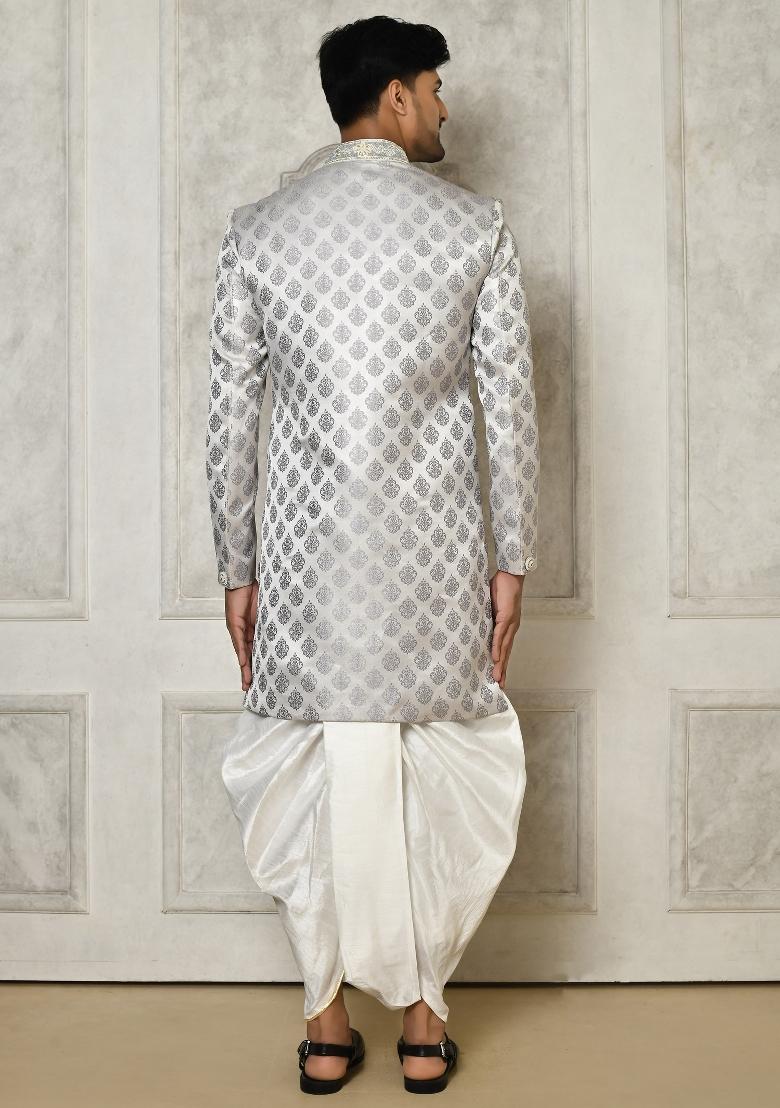 Grey Embroidered Jacquard Indo Western Sherwani Set For Men