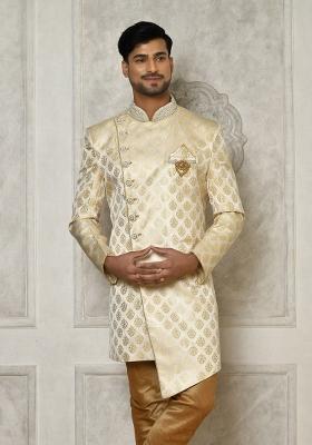 Cream Embroidered Jacquard Indo Western Sherwani For Men